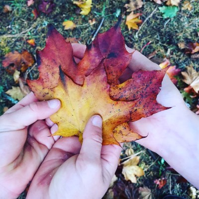 girls with leaves in hand